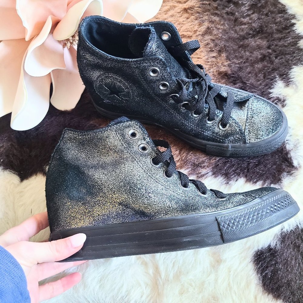 Converse Chuck Taylor Metallic Black/Silver Lux Mid Wedge High Top Sneakers 8